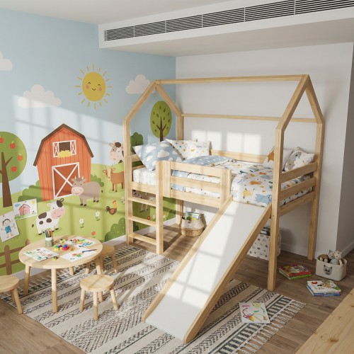 Łóżko domek ze zjeżdżalnią JANE, dziecięce, sosna