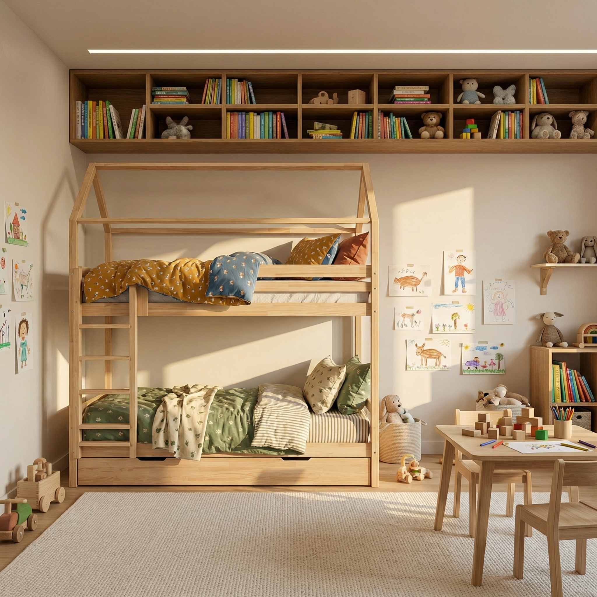 Łóżko piętrowe dla dwójki (a nawet trójki!) dzieci w małym pokoju - miejsce na wagę złota.